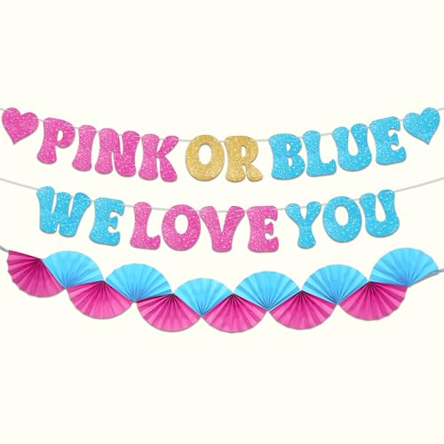 KatchOn Glitter Pink & Blue We Love You Banner 10ft - Gender Reveal Party Decor