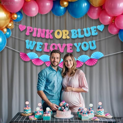 KatchOn Glitter Pink & Blue We Love You Banner 10ft - Gender Reveal Party Decor