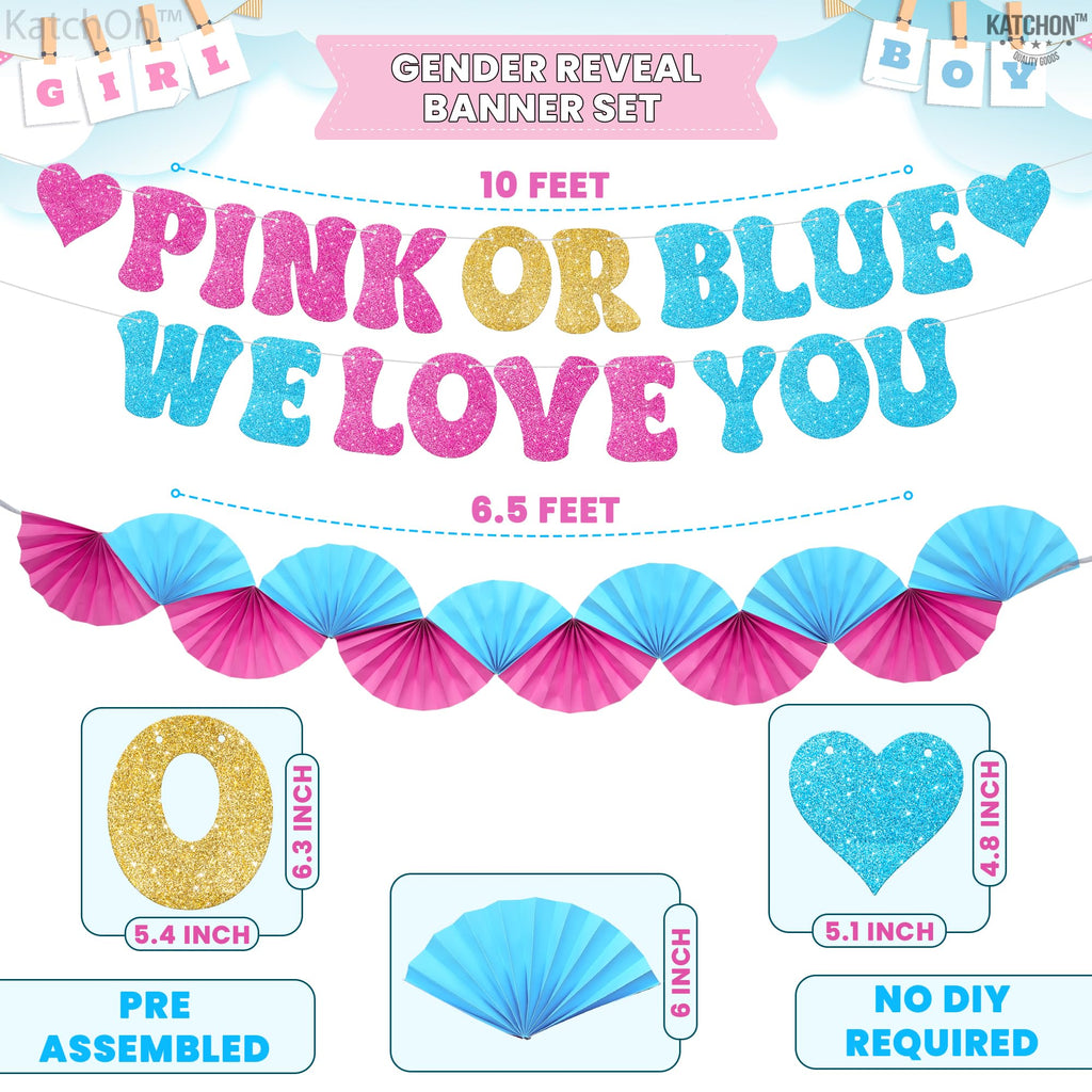 KatchOn Glitter Pink & Blue We Love You Banner 10ft - Gender Reveal Party Decor