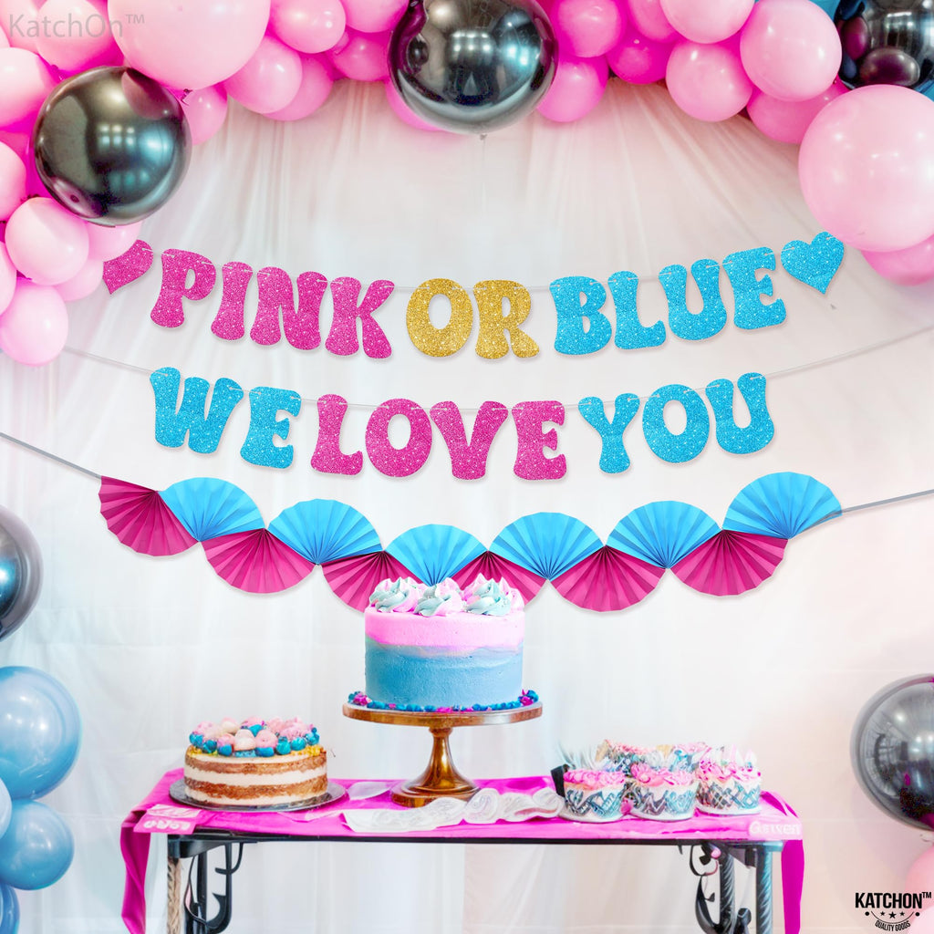 KatchOn Glitter Pink & Blue We Love You Banner 10ft - Gender Reveal Party Decor