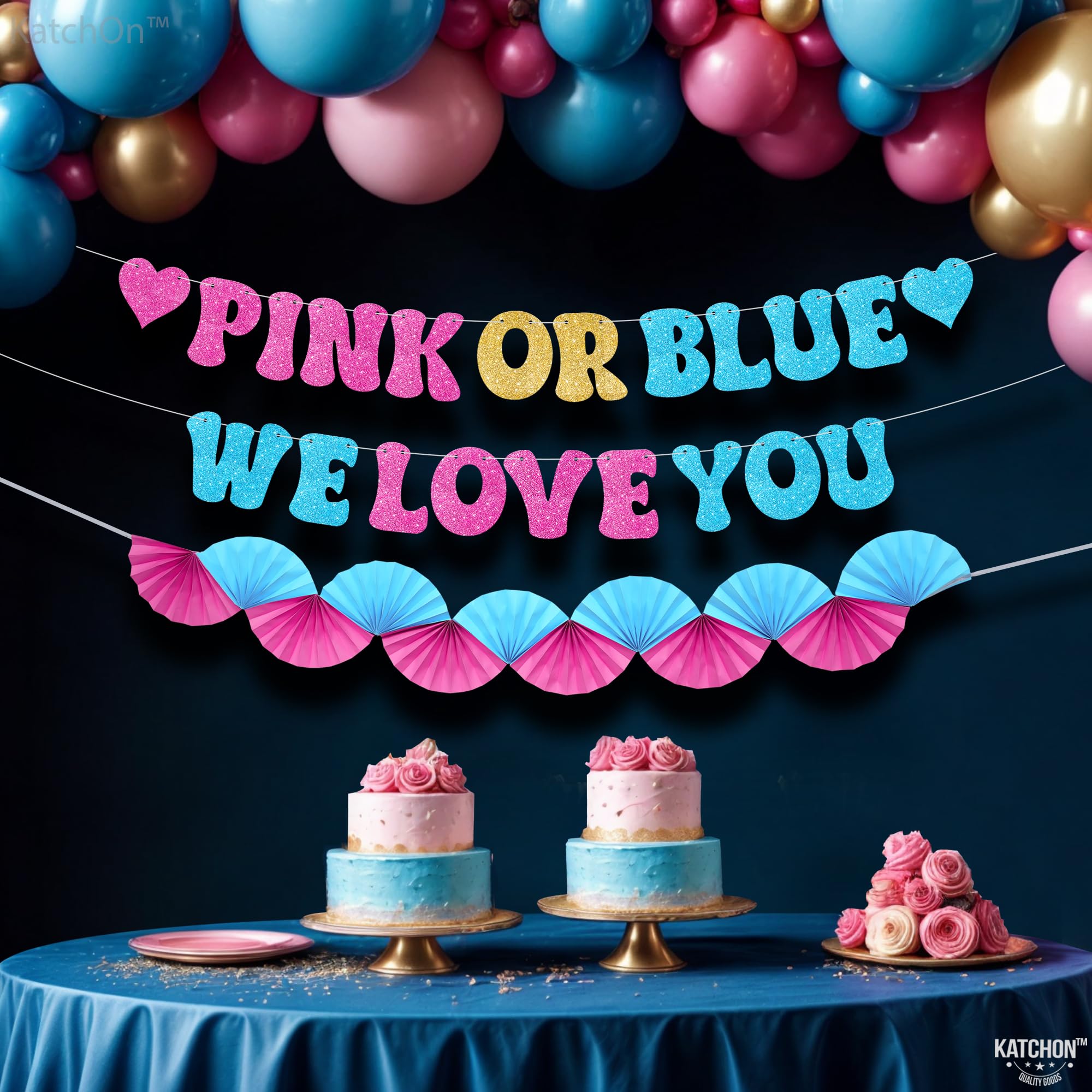 KatchOn Glitter Pink & Blue We Love You Banner 10ft - Gender Reveal Party Decor