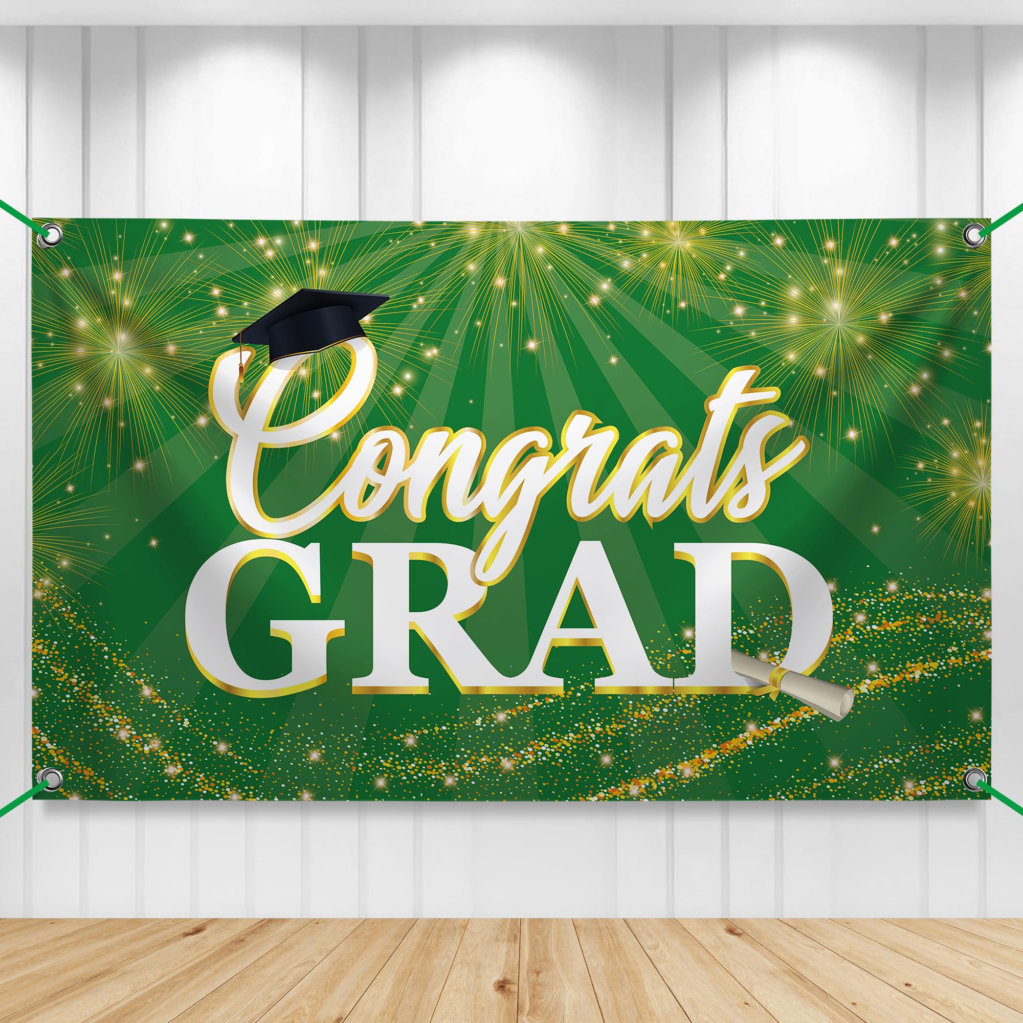 KatchOn Green Congrats Grad Banner 72x44 Inch – Reusable Green & Gold Graduation Backdrop for 2026