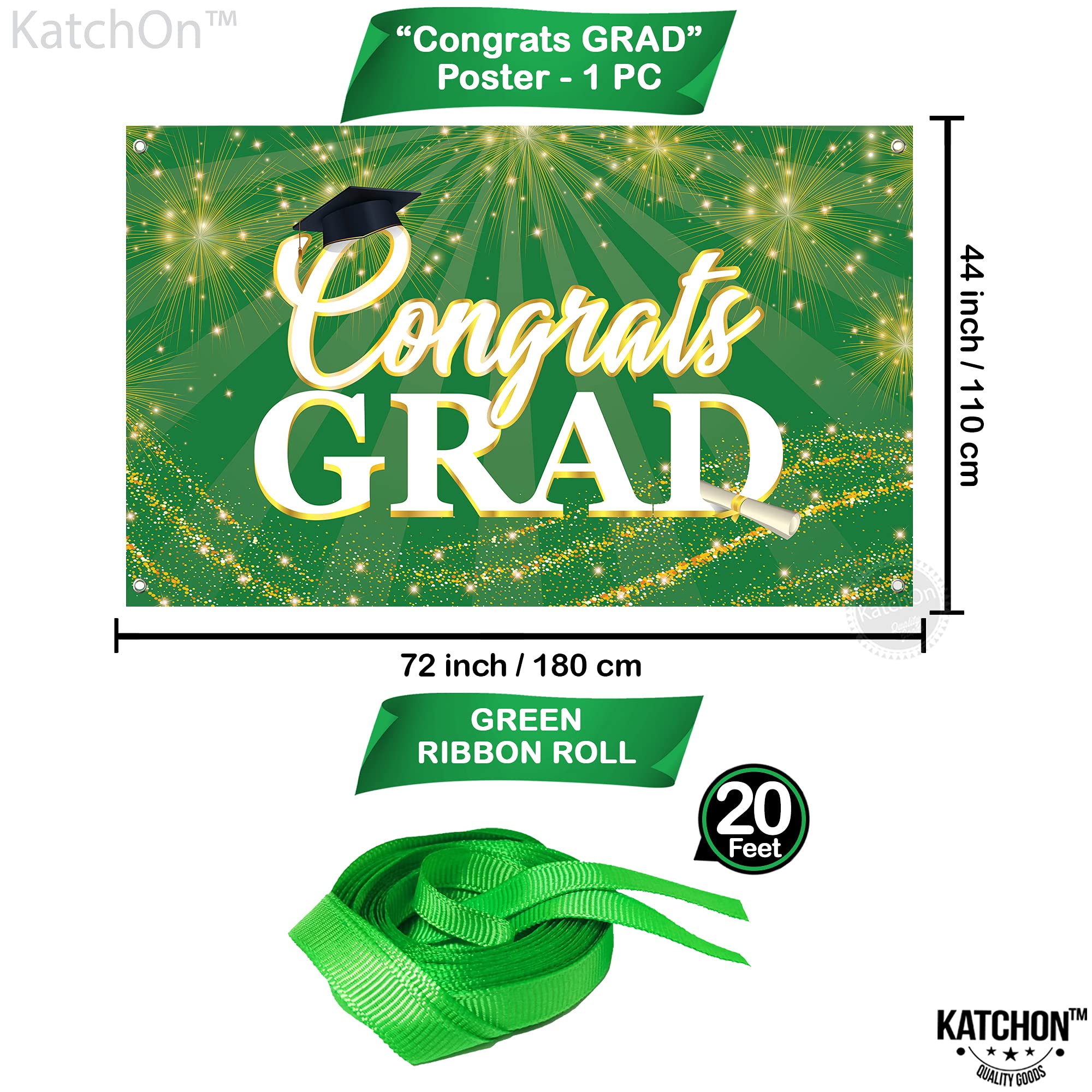 KatchOn Green Congrats Grad Banner 72x44 Inch – Reusable Green & Gold Graduation Backdrop for 2026