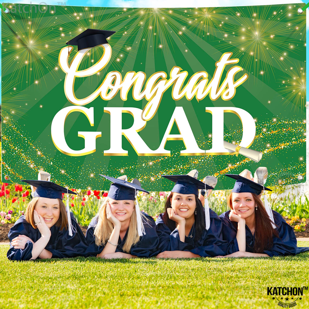 KatchOn Green Congrats Grad Banner 72x44 Inch – Reusable Green & Gold Graduation Backdrop for 2026
