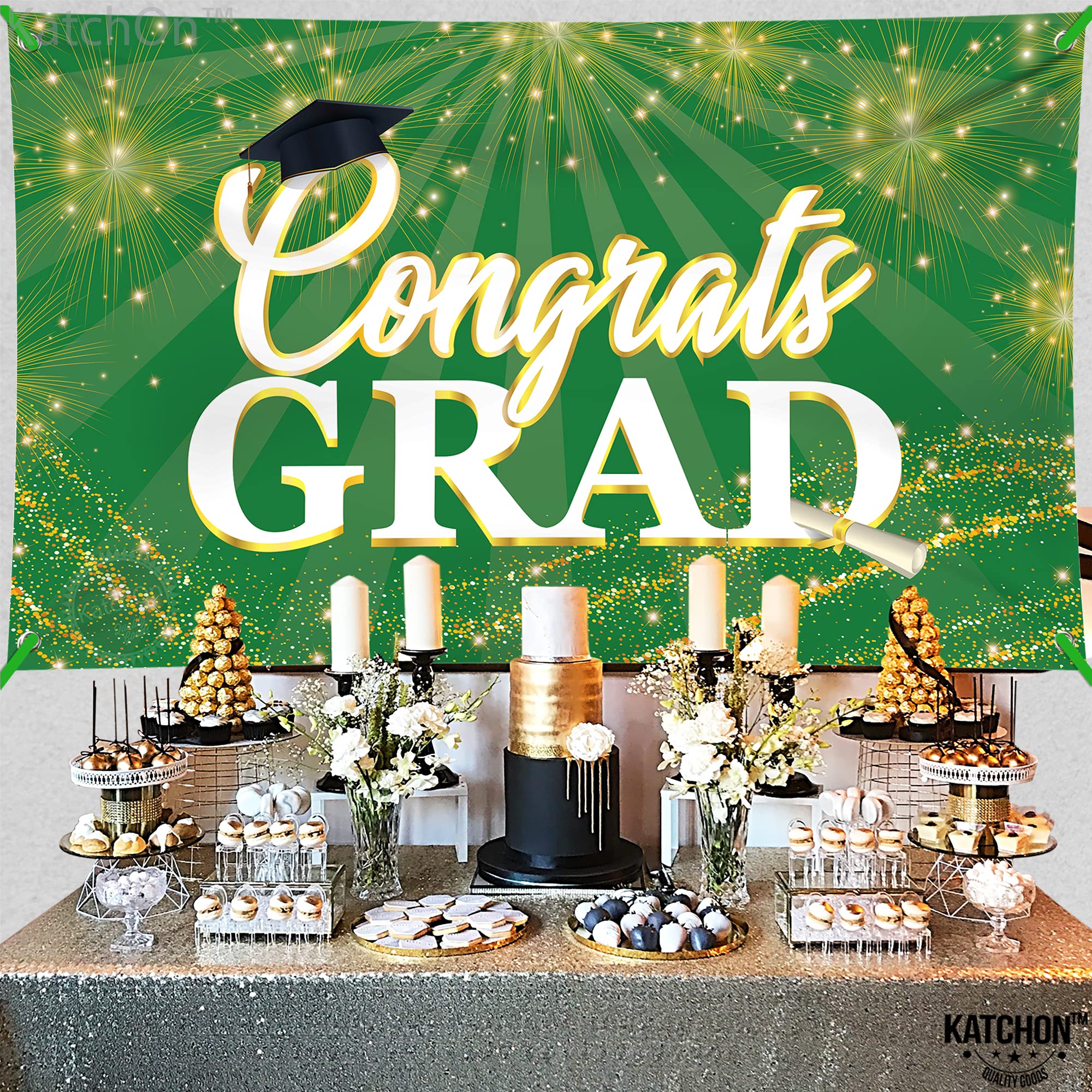 KatchOn Green Congrats Grad Banner 72x44 Inch – Reusable Green & Gold Graduation Backdrop for 2026