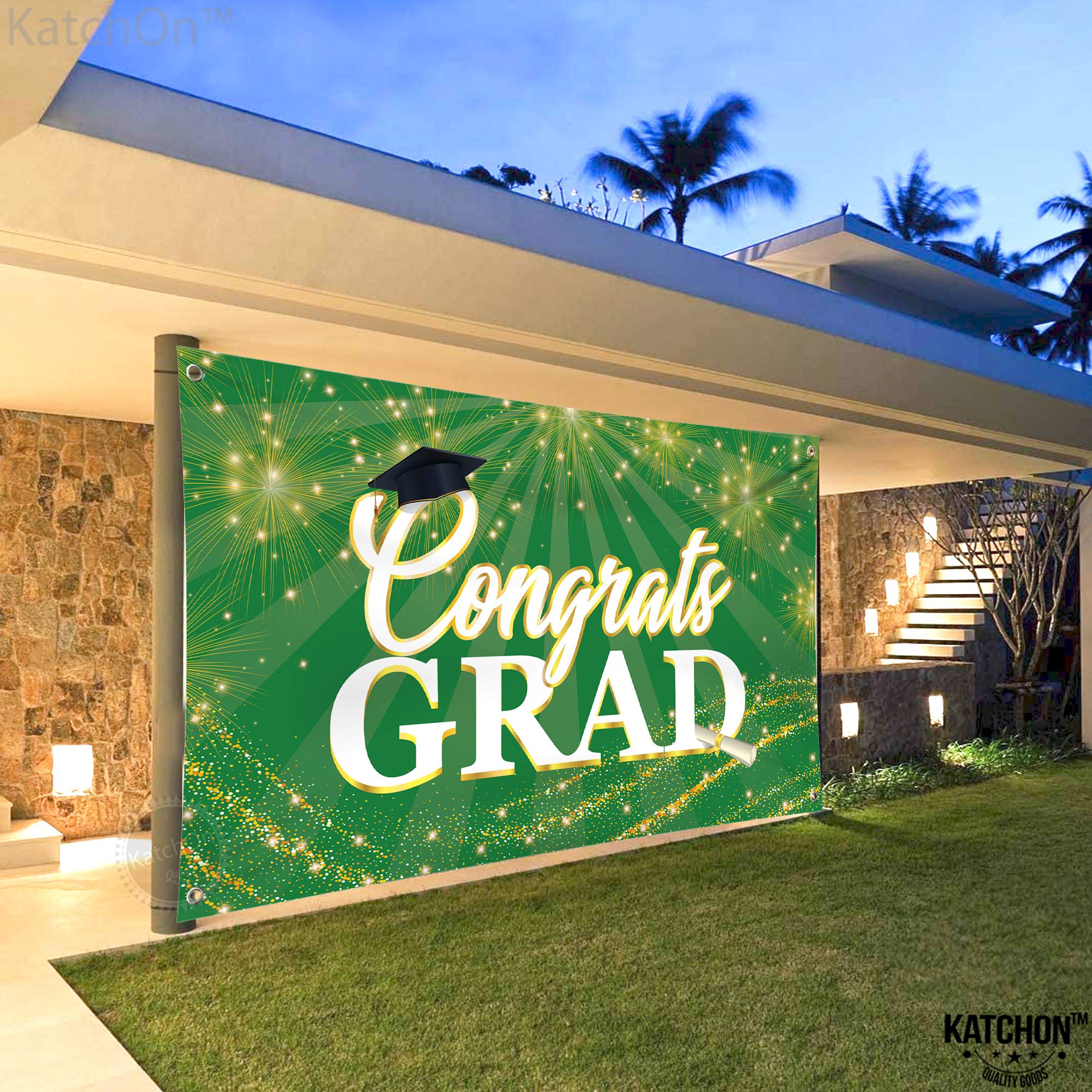 KatchOn Green Congrats Grad Banner 72x44 Inch – Reusable Green & Gold Graduation Backdrop for 2026