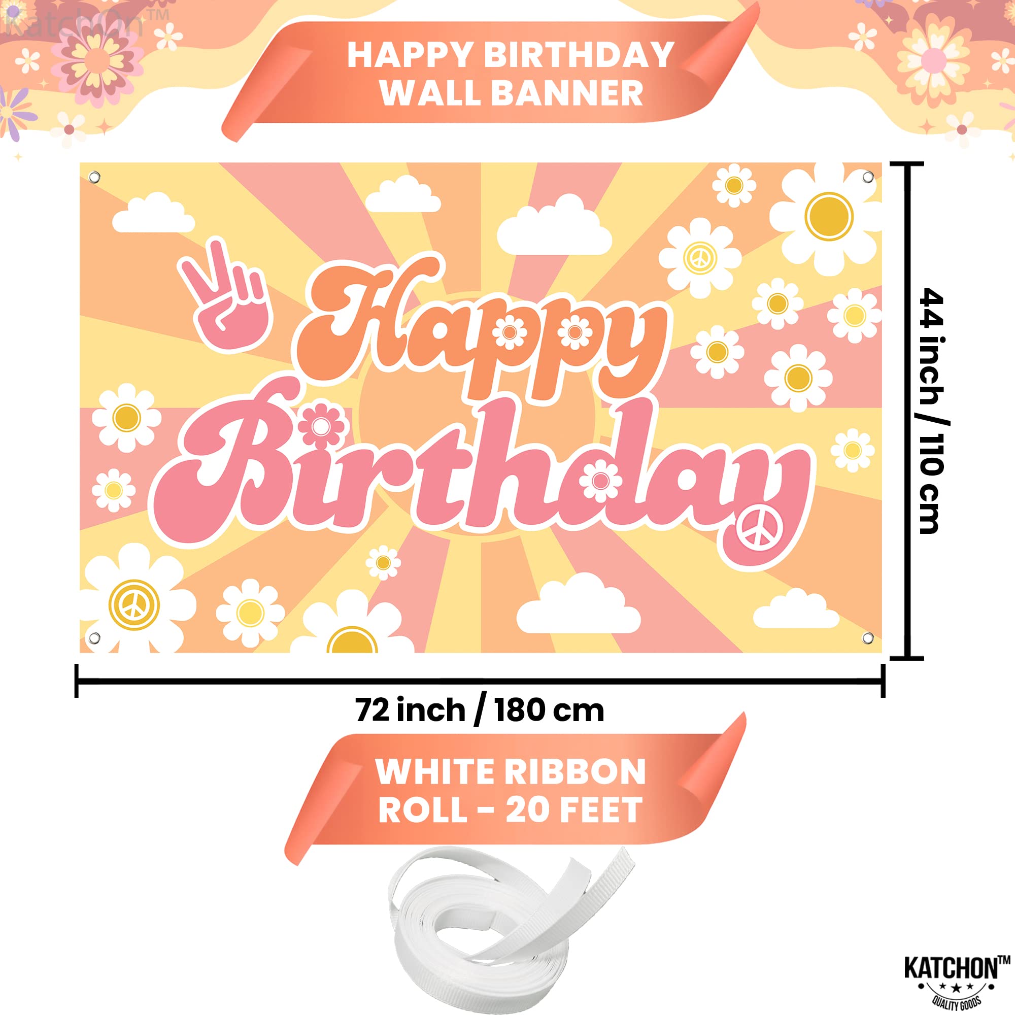 KatchOn Groovy Happy Birthday Banner 72x44 Inch – Retro Hippie Backdrop for Boys Girls