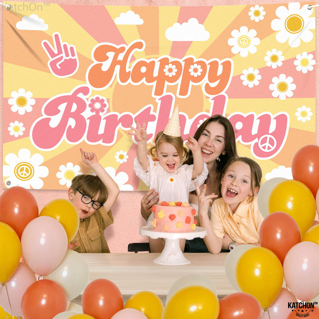 KatchOn Groovy Happy Birthday Banner 72x44 Inch – Retro Hippie Backdrop for Boys Girls
