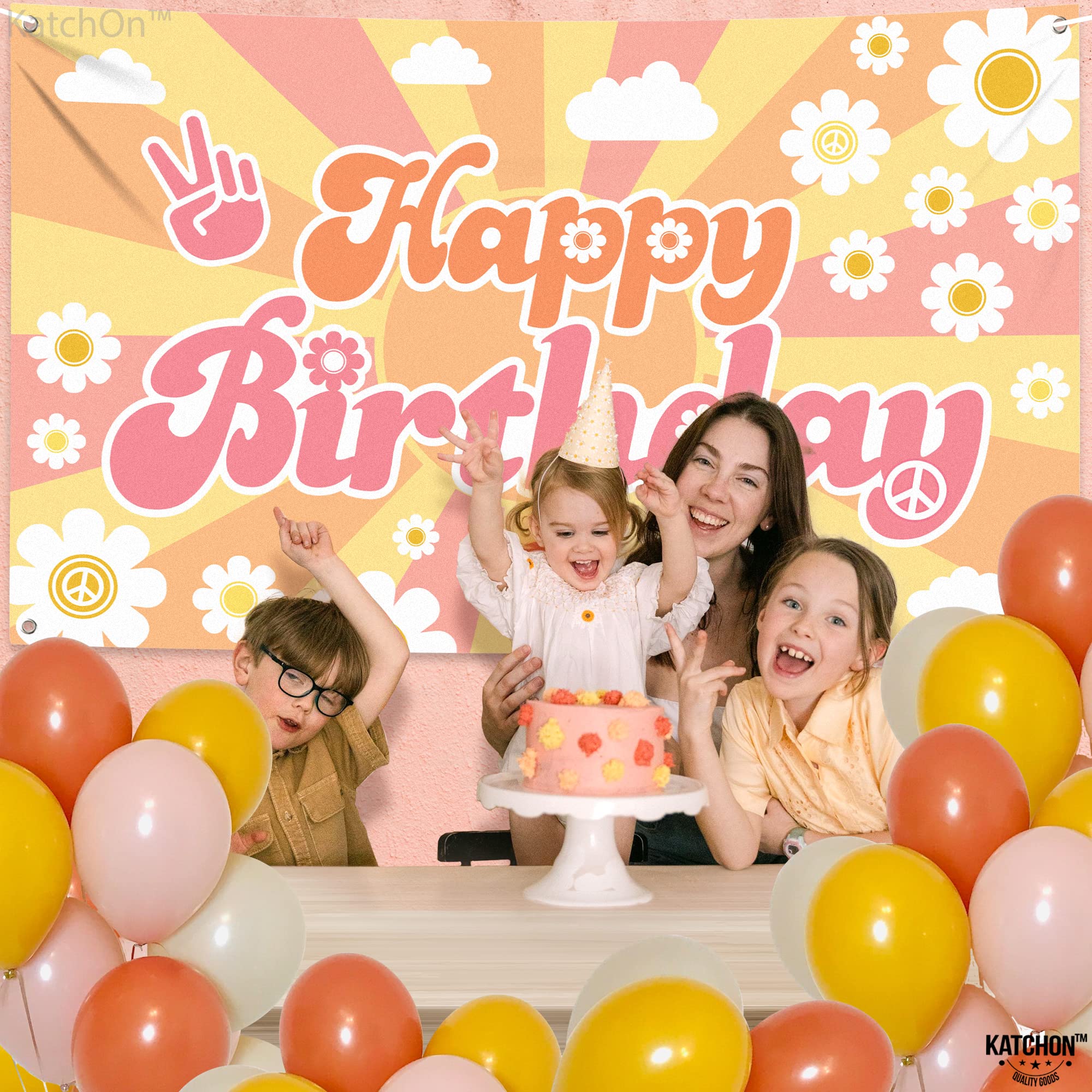 KatchOn Groovy Happy Birthday Banner 72x44 Inch – Retro Hippie Backdrop for Boys Girls
