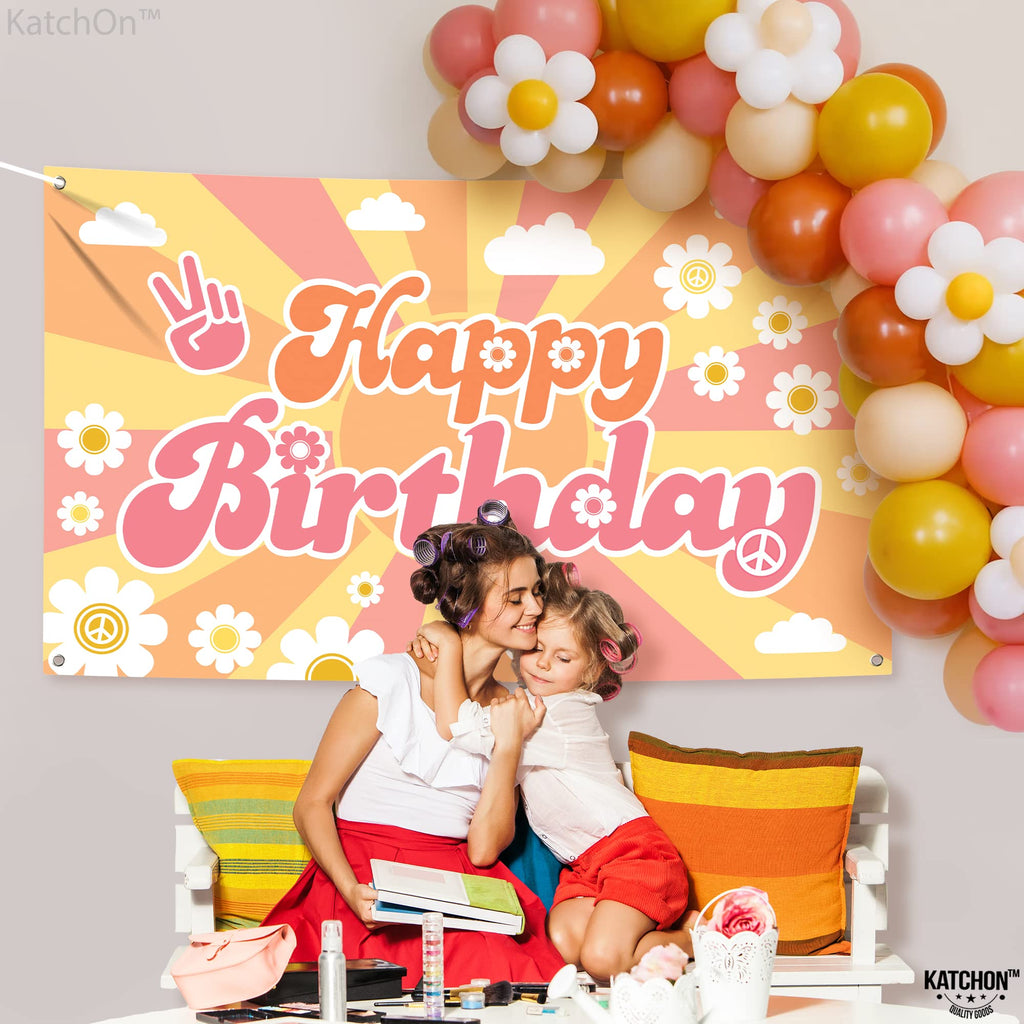 KatchOn Groovy Happy Birthday Banner 72x44 Inch – Retro Hippie Backdrop for Boys Girls
