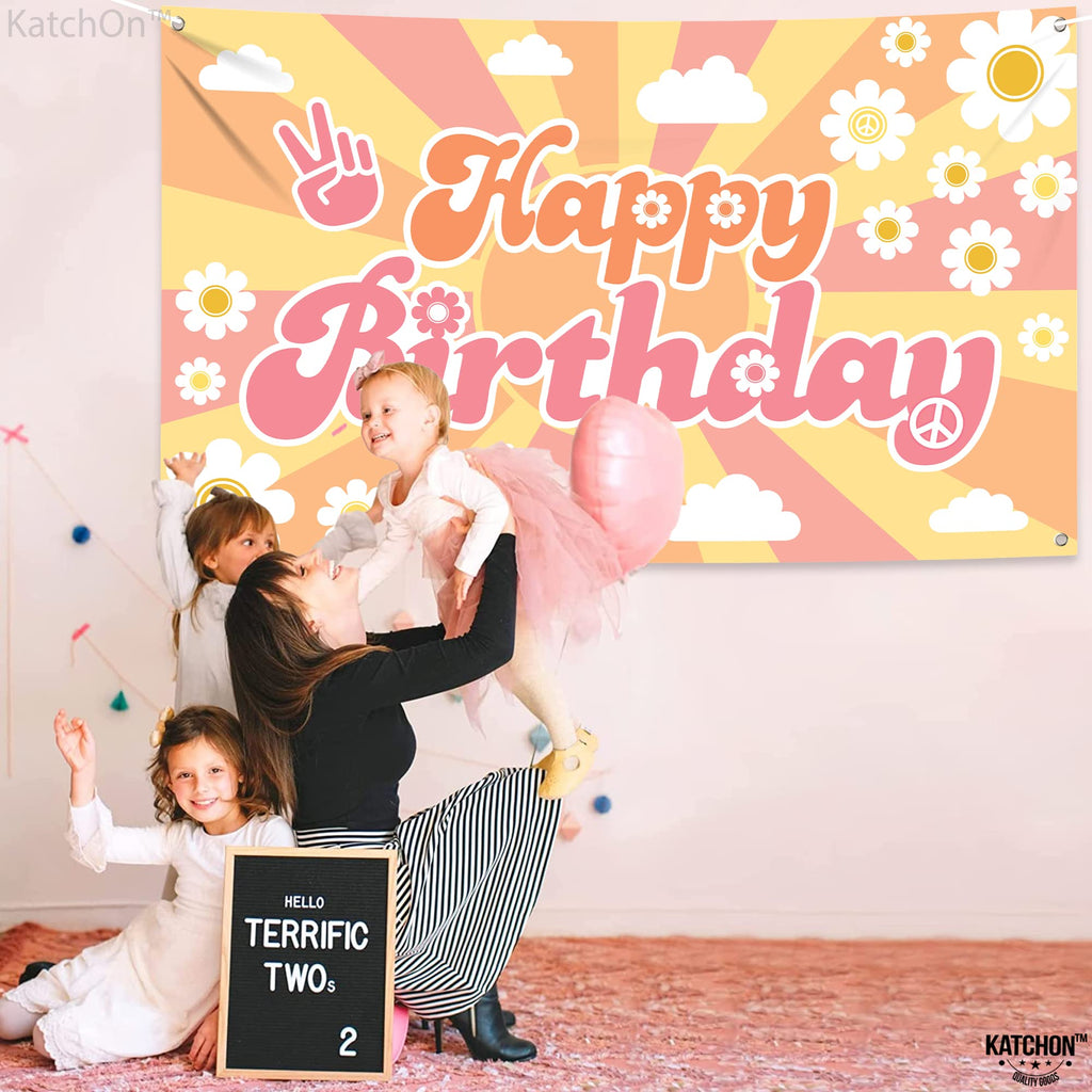 KatchOn Groovy Happy Birthday Banner 72x44 Inch – Retro Hippie Backdrop for Boys Girls