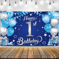 KatchOn Happy 1st Birthday Banner Boy – 72x44 Inch Blue and Silver Cloth Backdrop