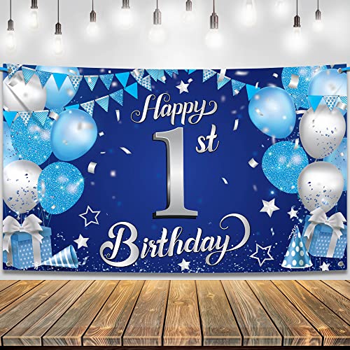 KatchOn Happy 1st Birthday Banner Boy – 72x44 Inch Blue and Silver Cloth Backdrop
