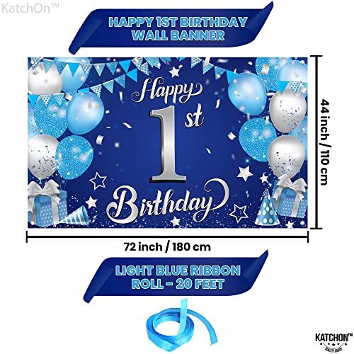 KatchOn Happy 1st Birthday Banner Boy – 72x44 Inch Blue and Silver Cloth Backdrop