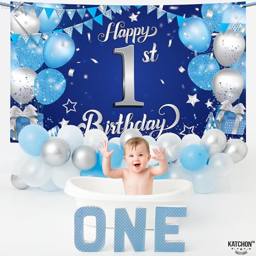 KatchOn Happy 1st Birthday Banner Boy – 72x44 Inch Blue and Silver Cloth Backdrop