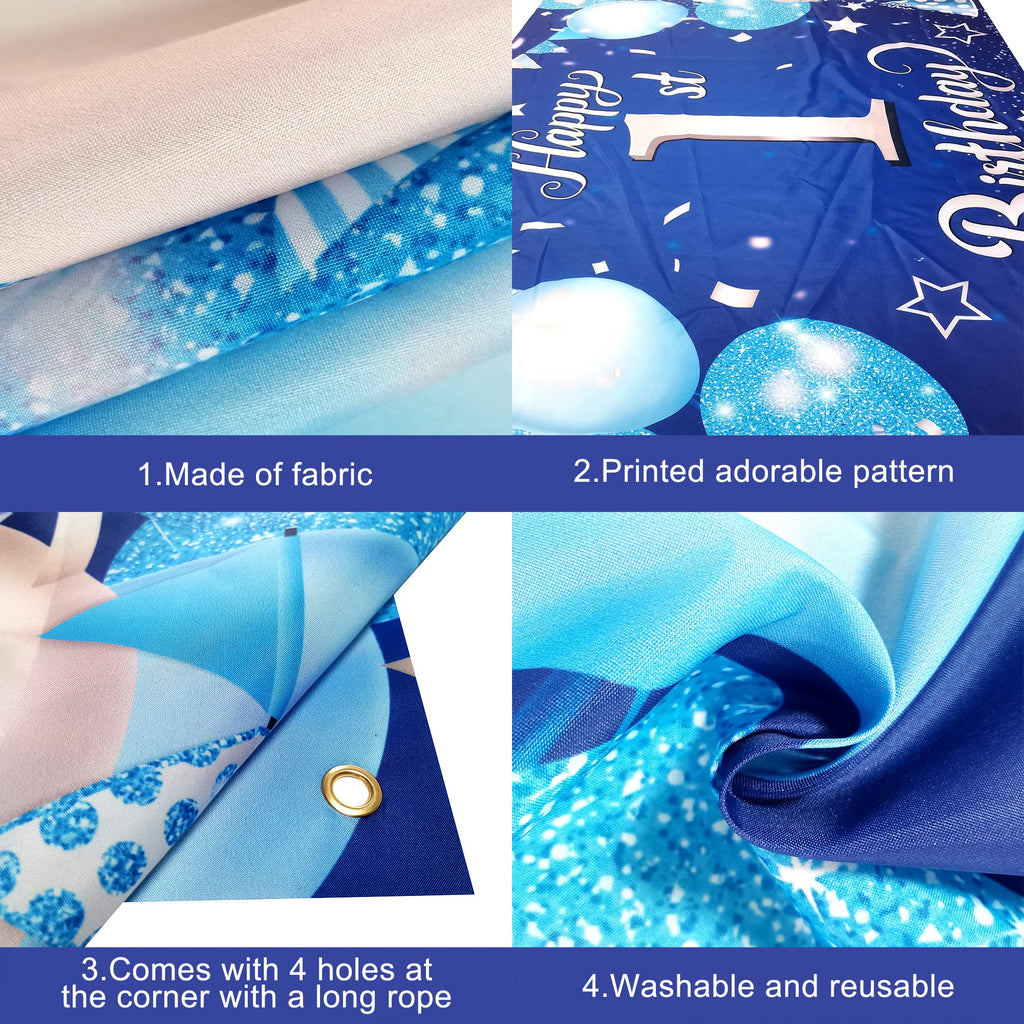 KatchOn Happy 1st Birthday Banner Boy – 72x44 Inch Blue and Silver Cloth Backdrop