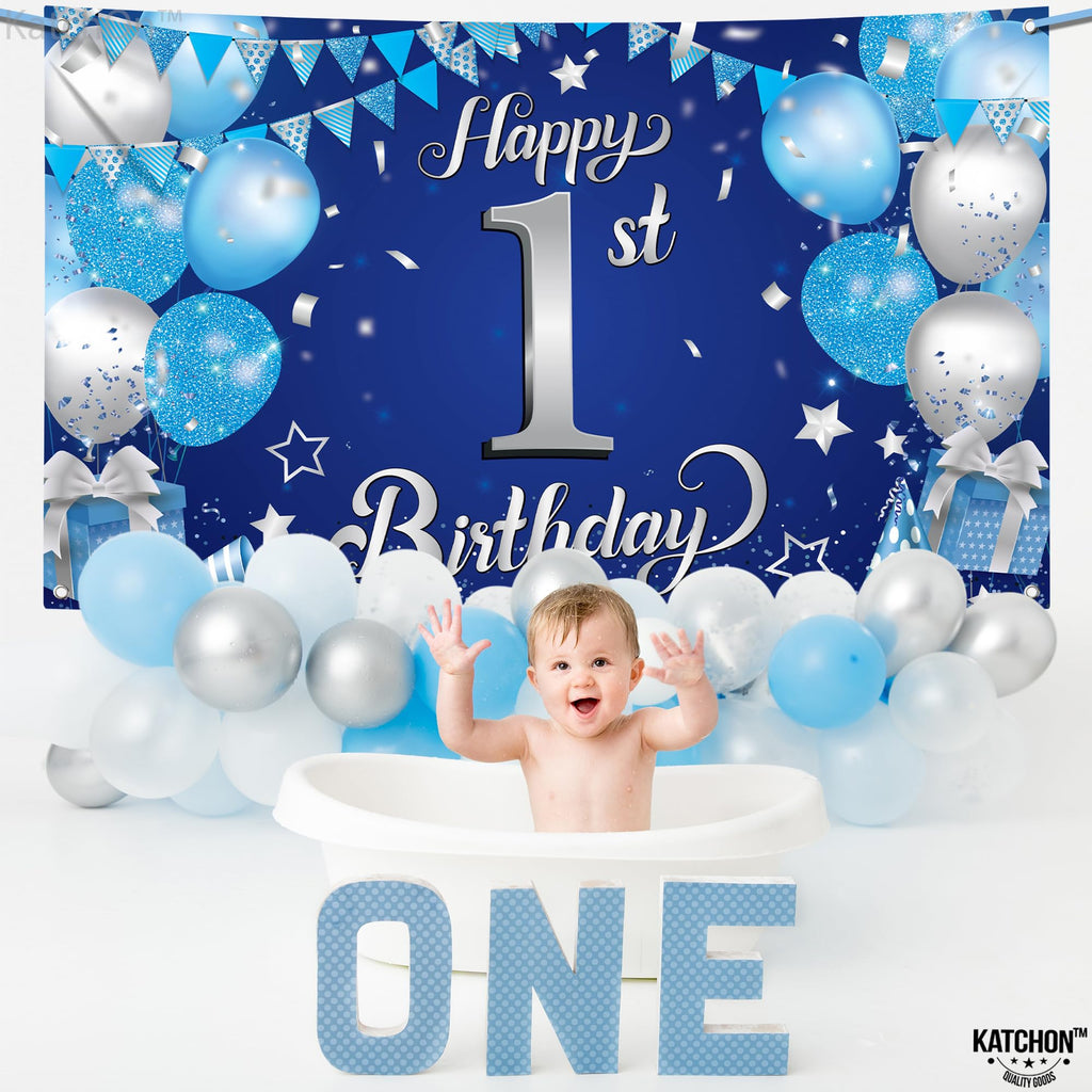 KatchOn Happy 1st Birthday Banner Boy – 72x44 Inch Blue and Silver Cloth Backdrop