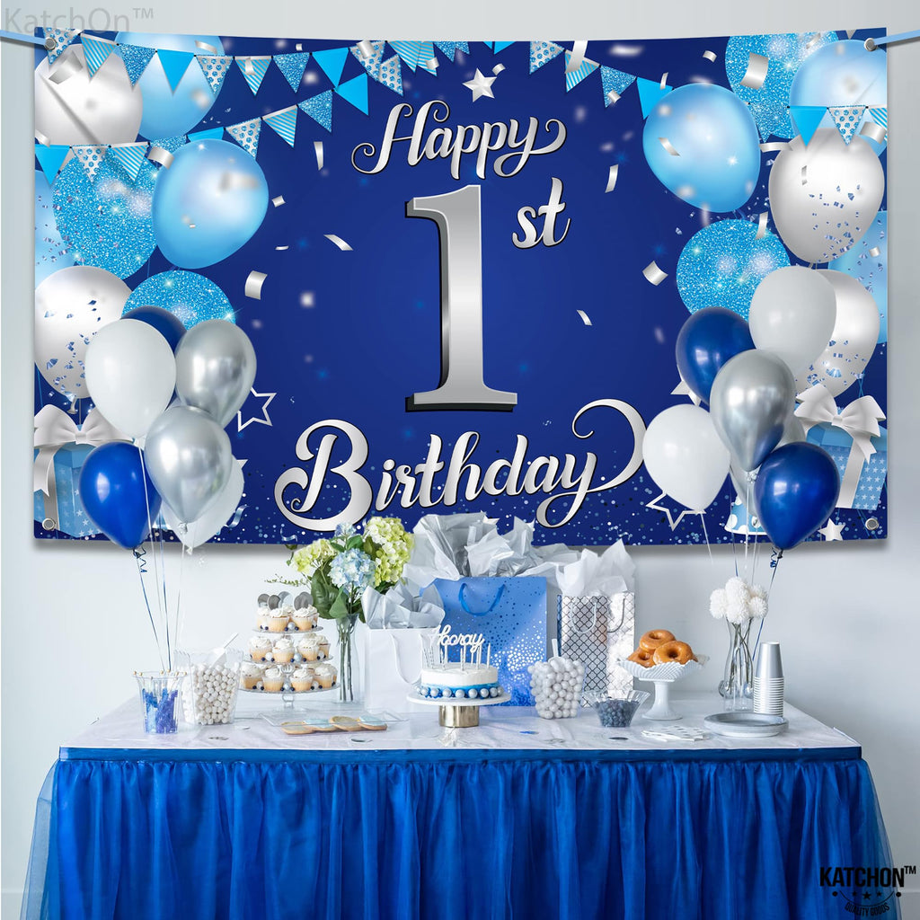 KatchOn Happy 1st Birthday Banner Boy – 72x44 Inch Blue and Silver Cloth Backdrop