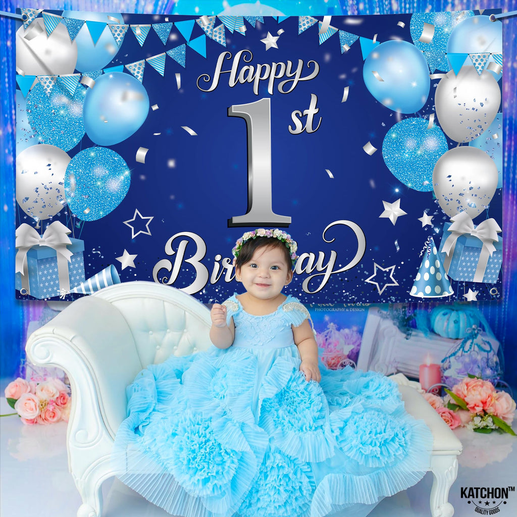 KatchOn Happy 1st Birthday Banner Boy – 72x44 Inch Blue and Silver Cloth Backdrop