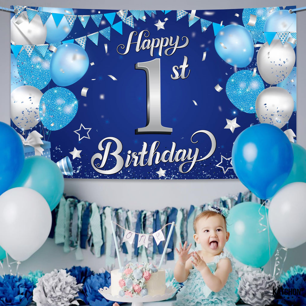 KatchOn Happy 1st Birthday Banner Boy – 72x44 Inch Blue and Silver Cloth Backdrop