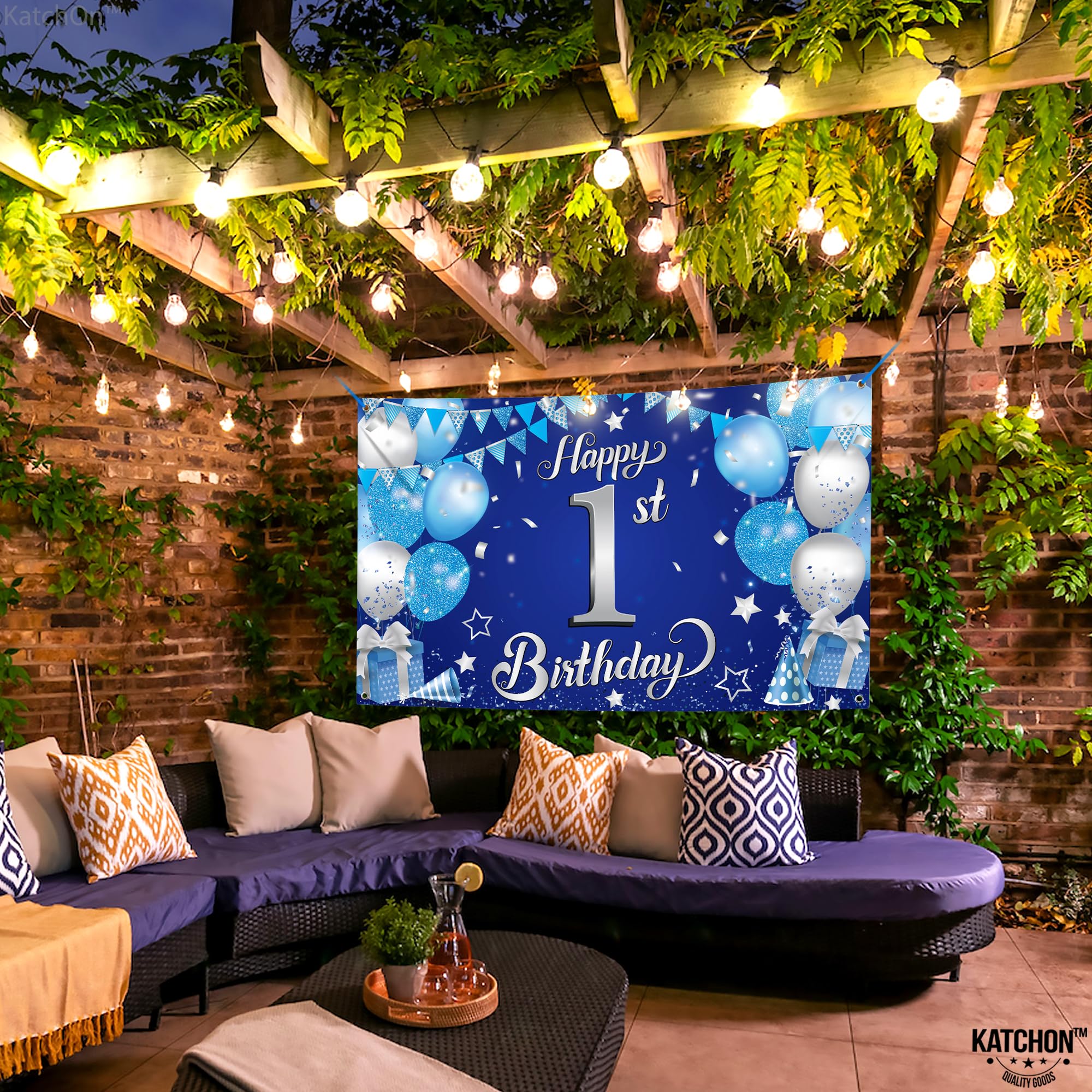 KatchOn Happy 1st Birthday Banner Boy – 72x44 Inch Blue and Silver Cloth Backdrop