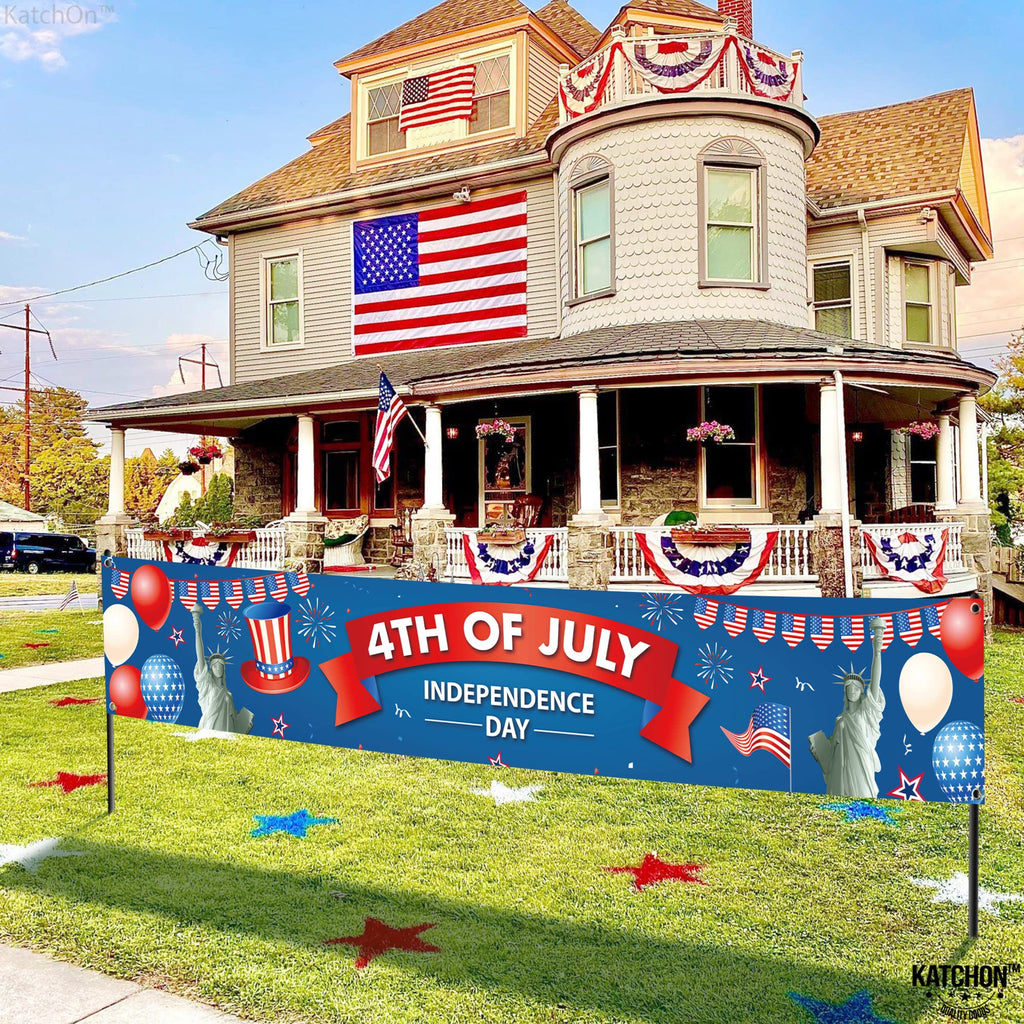 KatchOn Happy 4th of July Banner – Large 120x20 Inch Cloth Banner for Outdoor & Indoor Patriotic Decorations