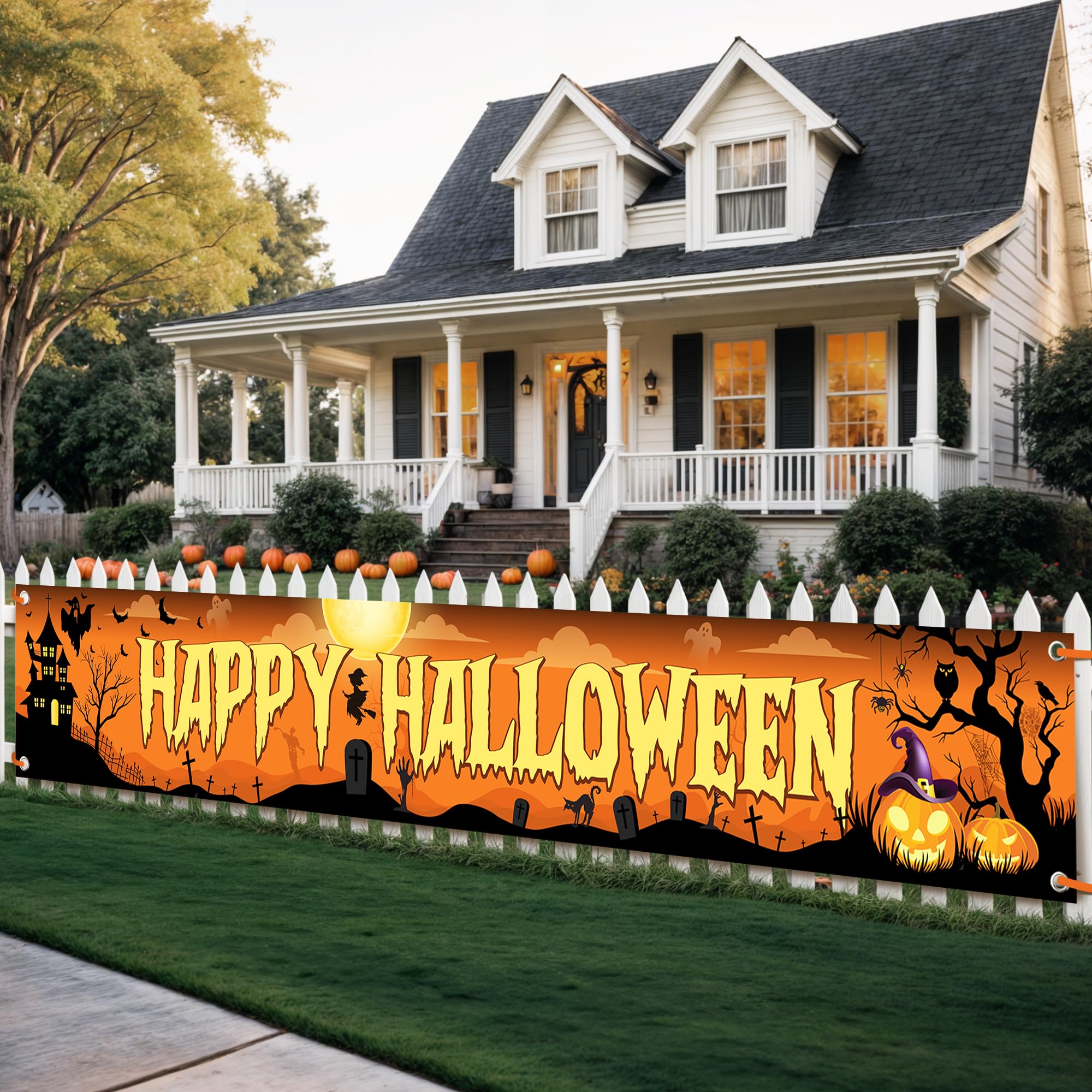 KatchOn Happy Halloween Banner 120x20 Inch - Orange & Black Outdoor Yard Sign for Party Decor