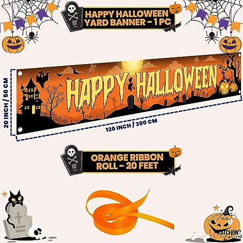 KatchOn Happy Halloween Banner 120x20 Inch - Orange & Black Outdoor Yard Sign for Party Decor