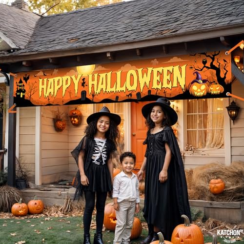 KatchOn Happy Halloween Banner 120x20 Inch - Orange & Black Outdoor Yard Sign for Party Decor