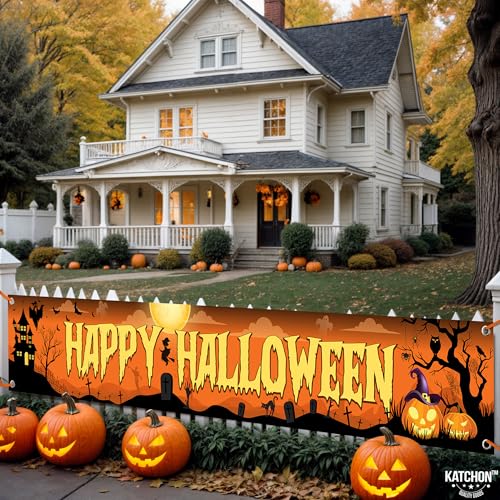 KatchOn Happy Halloween Banner 120x20 Inch - Orange & Black Outdoor Yard Sign for Party Decor