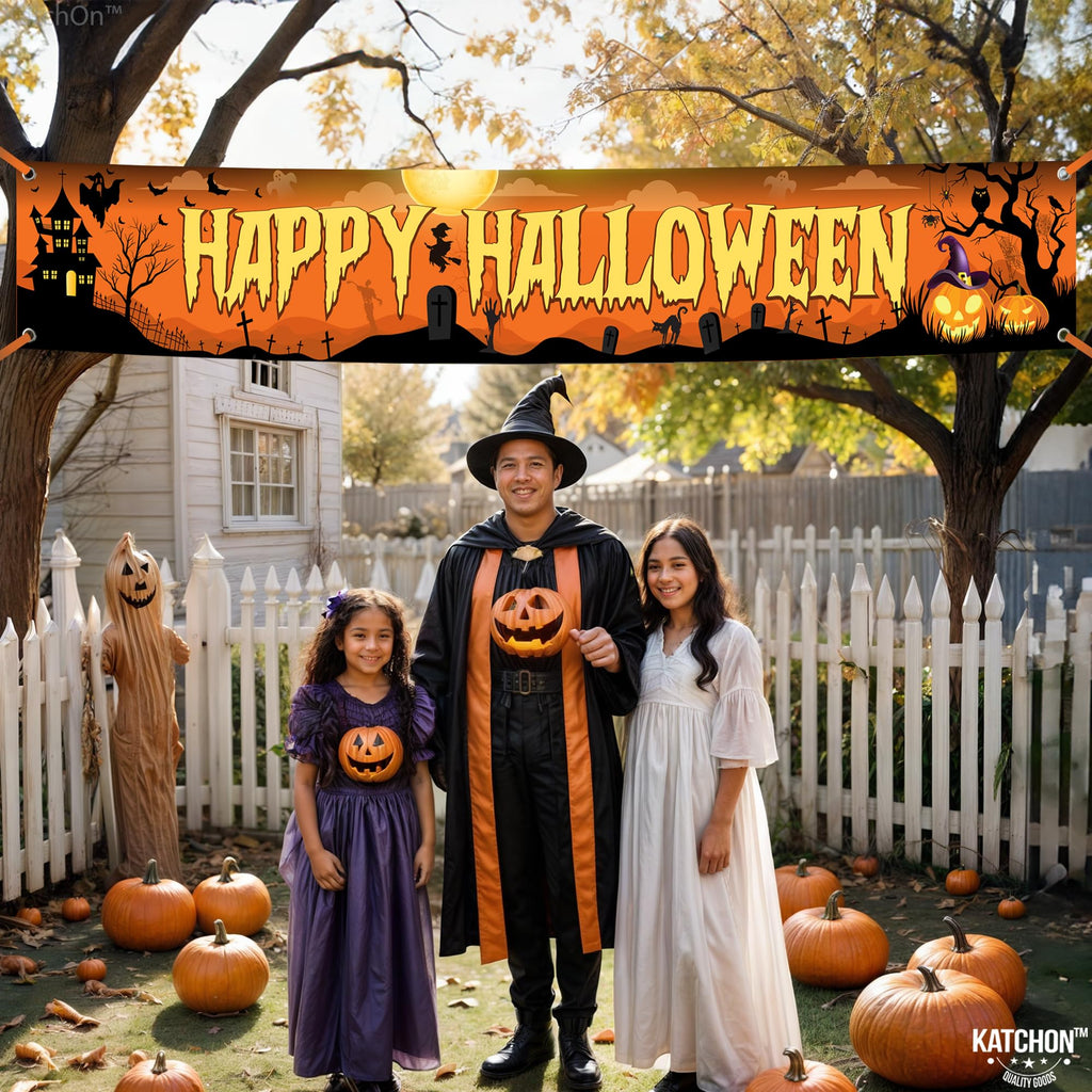 KatchOn Happy Halloween Banner 120x20 Inch - Orange & Black Outdoor Yard Sign for Party Decor