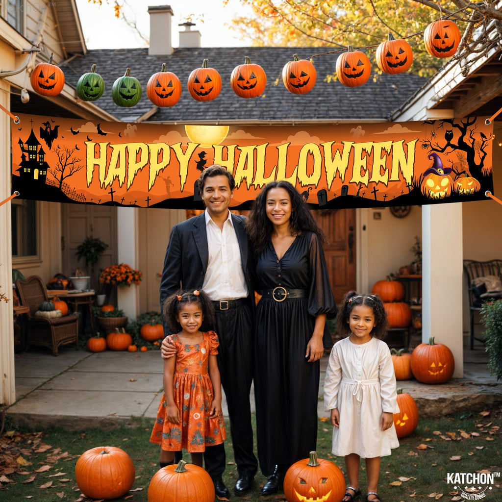 KatchOn Happy Halloween Banner 120x20 Inch - Orange & Black Outdoor Yard Sign for Party Decor