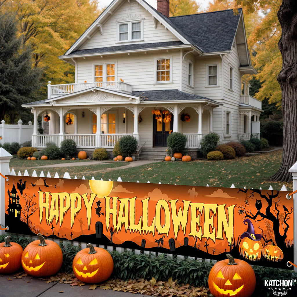 KatchOn Happy Halloween Banner 120x20 Inch - Orange & Black Outdoor Yard Sign for Party Decor
