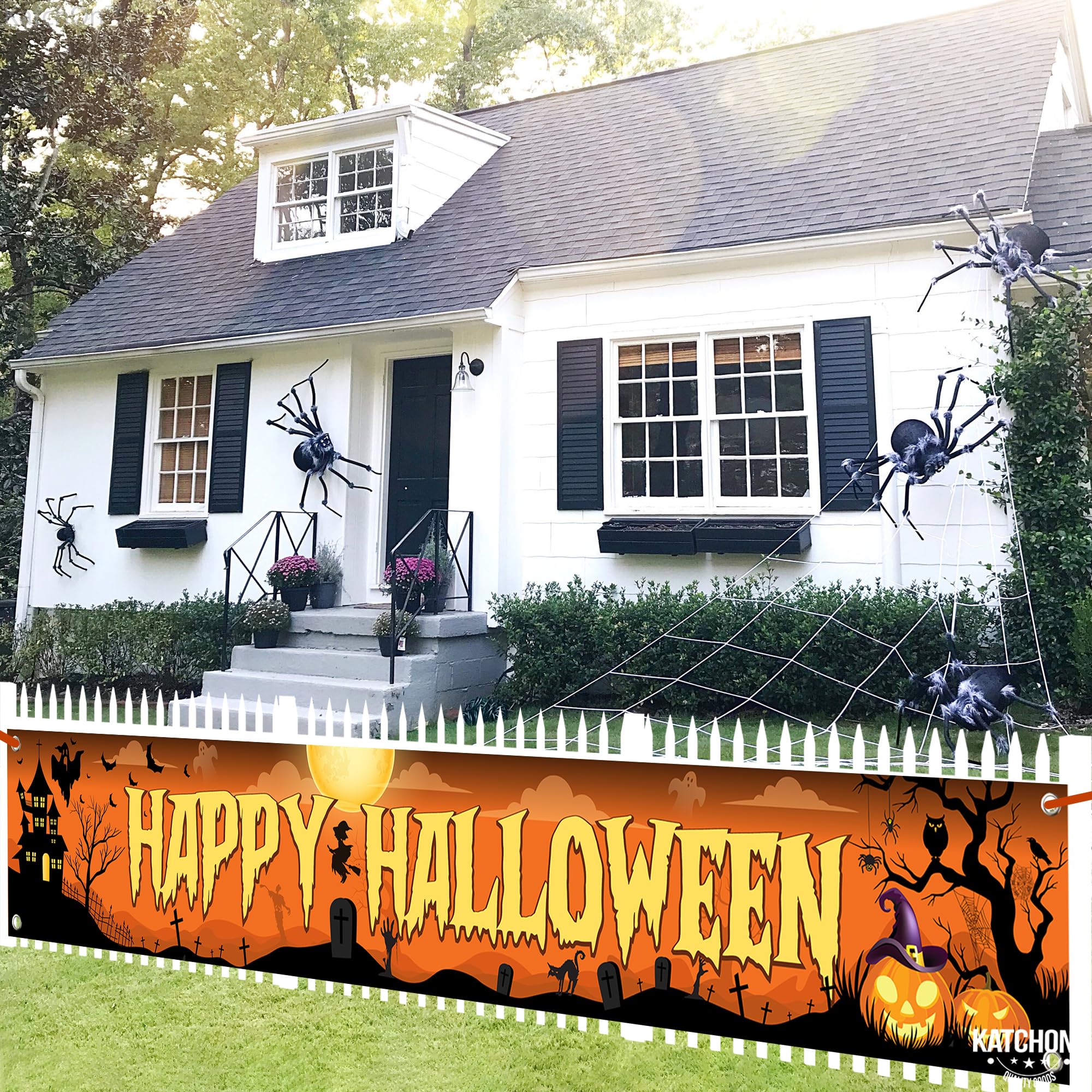 KatchOn Happy Halloween Banner 120x20 Inch - Orange & Black Outdoor Yard Sign for Party Decor