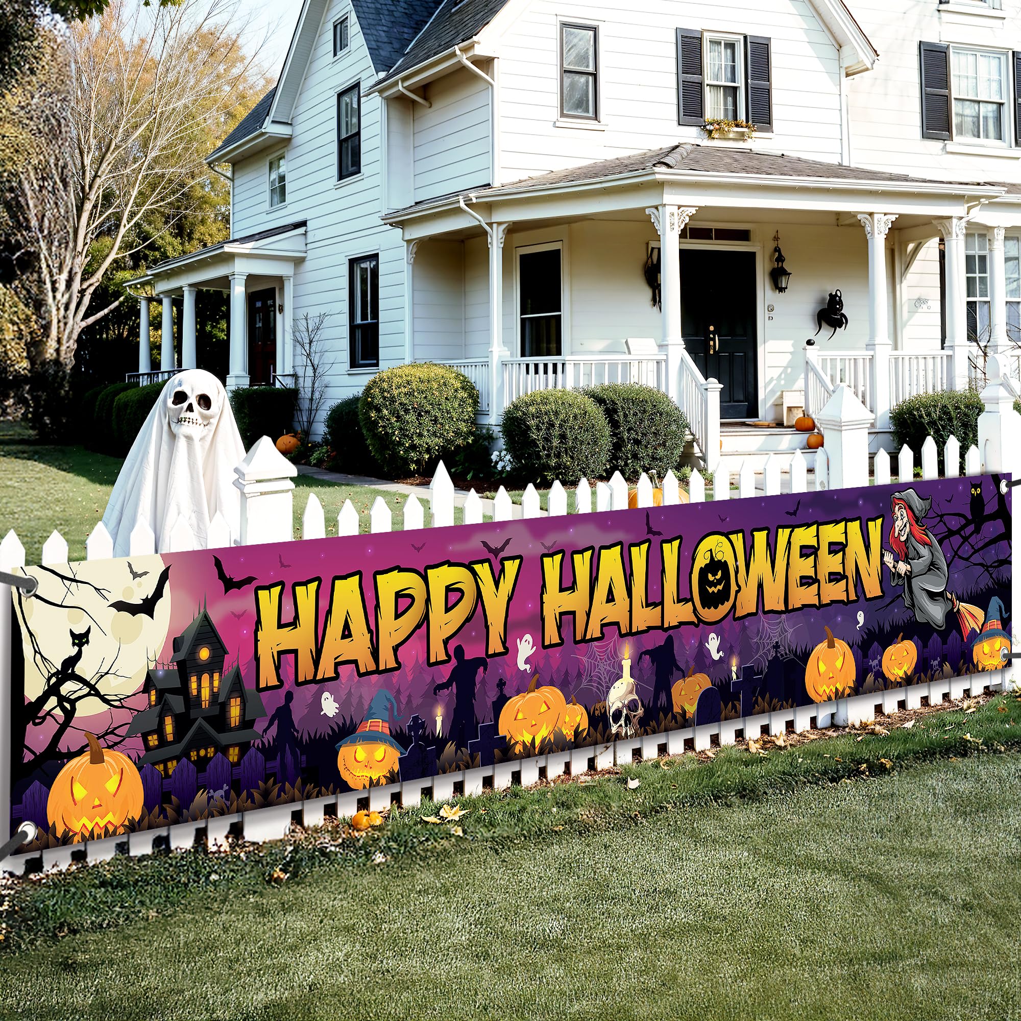 KatchOn Happy Halloween Banner Xtra Large 120x20 Inch Outdoor Yard Decoration