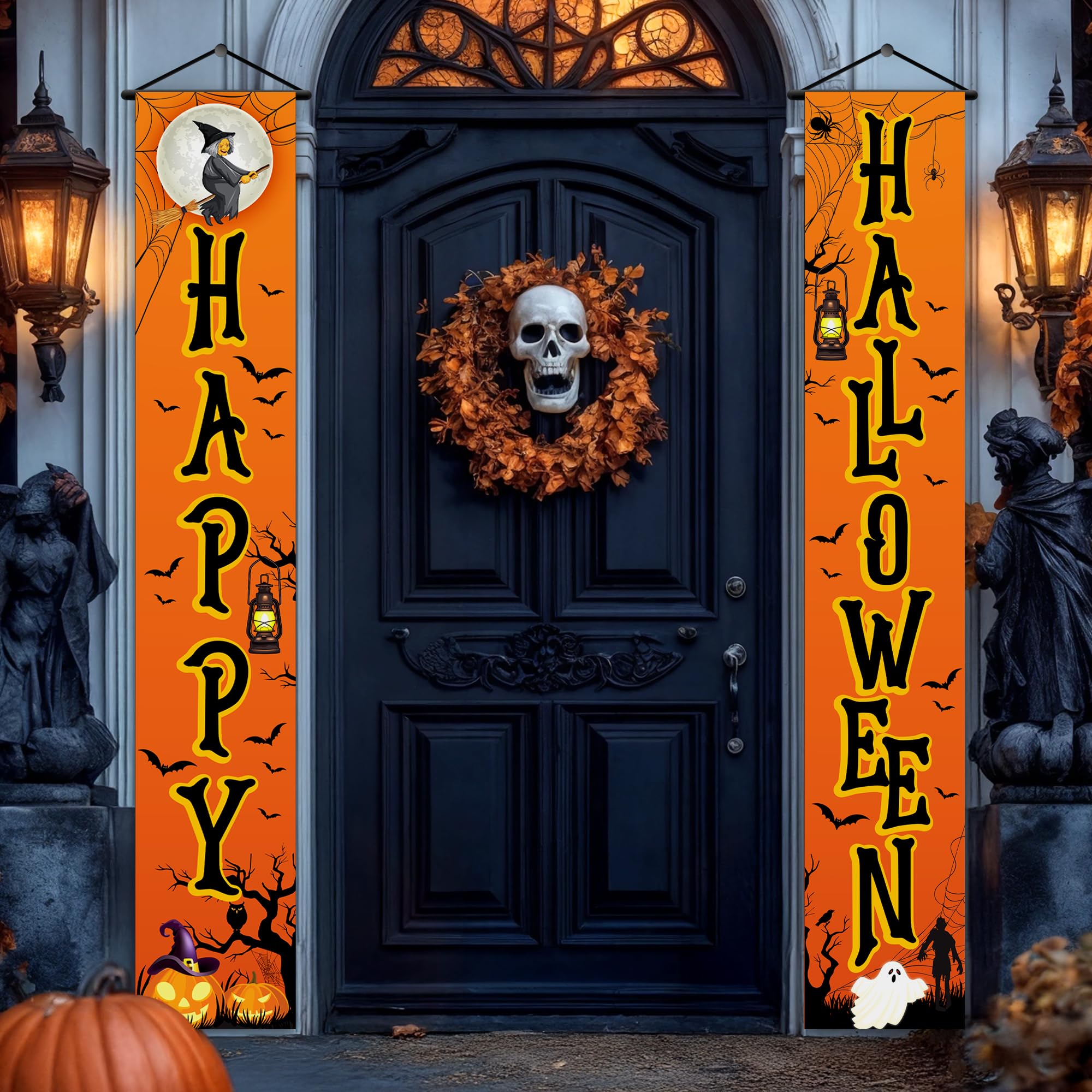 KatchOn Happy Halloween Door Banner - 72x12 Inch Orange & Black Cloth Banner for Outdoor Porch Decor, Water Resistant