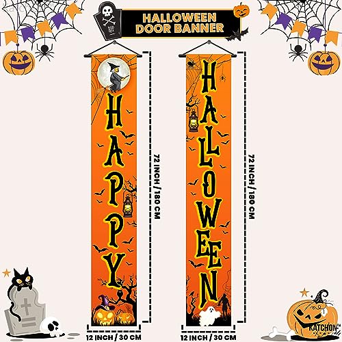 KatchOn Happy Halloween Door Banner - 72x12 Inch Orange & Black Cloth Banner for Outdoor Porch Decor, Water Resistant