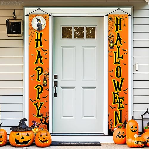 KatchOn Happy Halloween Door Banner - 72x12 Inch Orange & Black Cloth Banner for Outdoor Porch Decor, Water Resistant