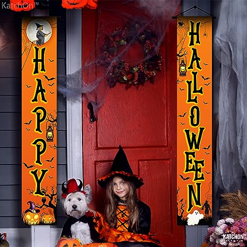 KatchOn Happy Halloween Door Banner - 72x12 Inch Orange & Black Cloth Banner for Outdoor Porch Decor, Water Resistant