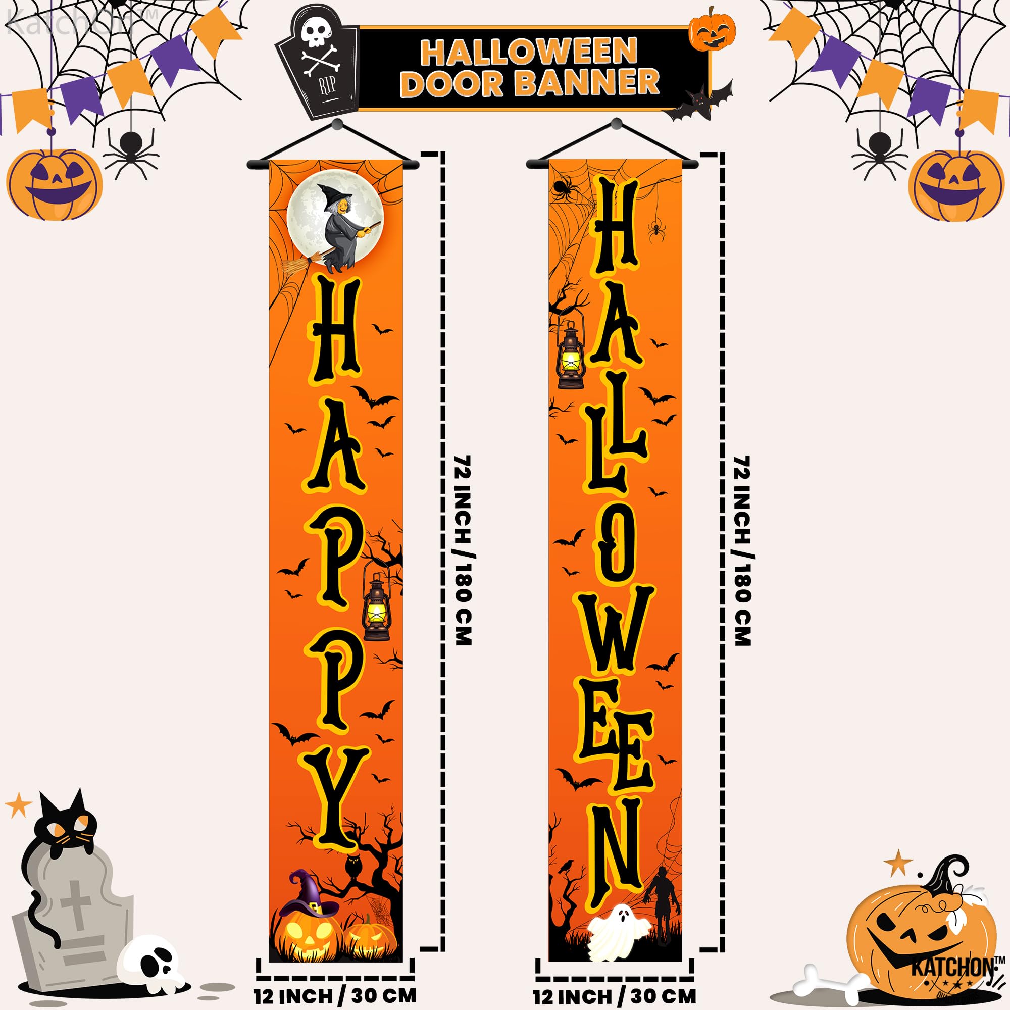 KatchOn Happy Halloween Door Banner - 72x12 Inch Orange & Black Cloth Banner for Outdoor Porch Decor, Water Resistant