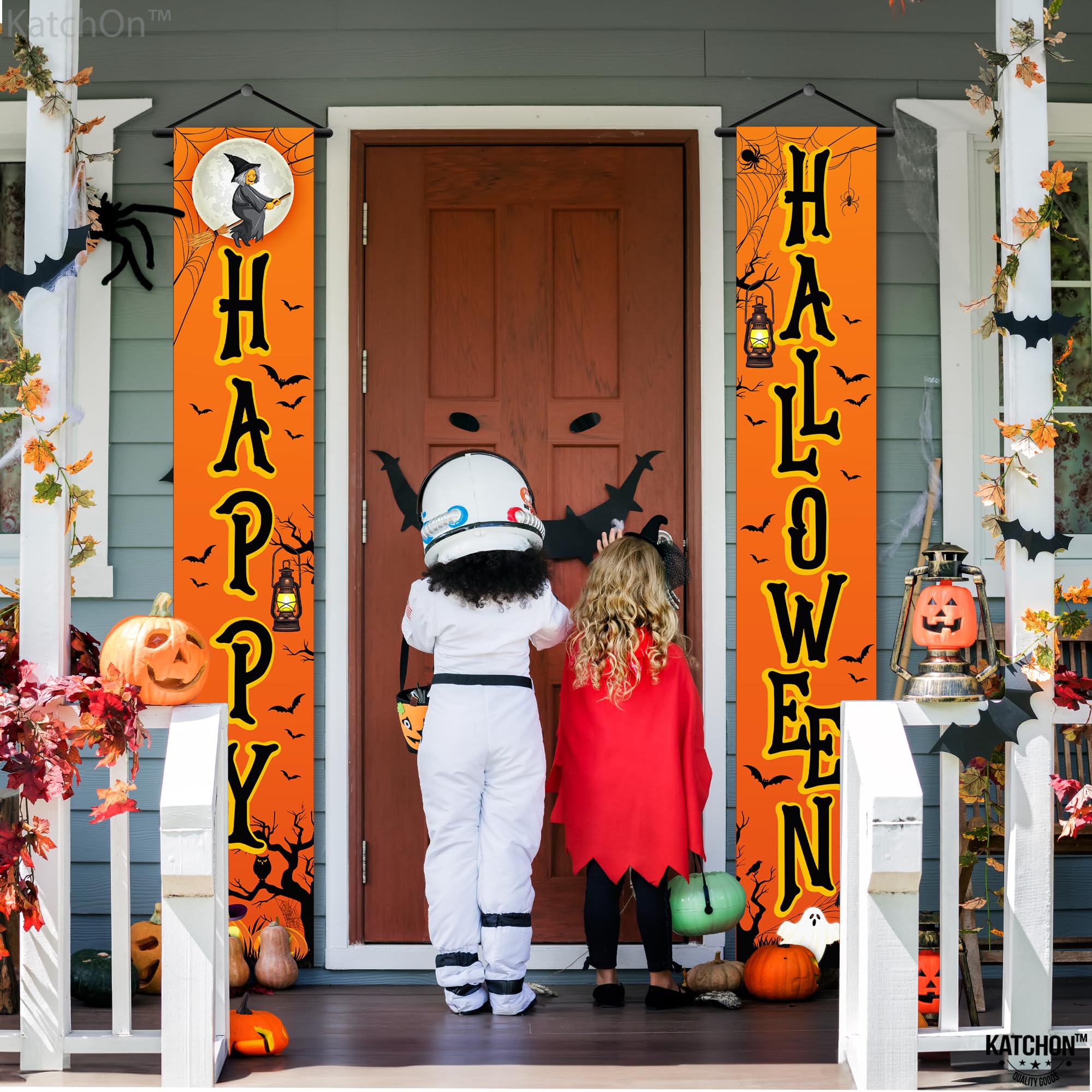 KatchOn Happy Halloween Door Banner - 72x12 Inch Orange & Black Cloth Banner for Outdoor Porch Decor, Water Resistant