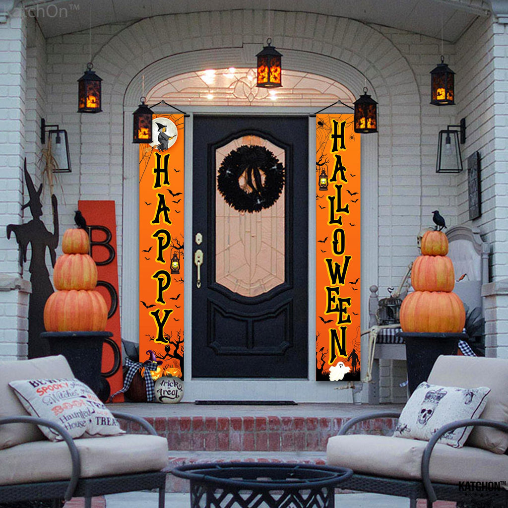 KatchOn Happy Halloween Door Banner - 72x12 Inch Orange & Black Cloth Banner for Outdoor Porch Decor, Water Resistant