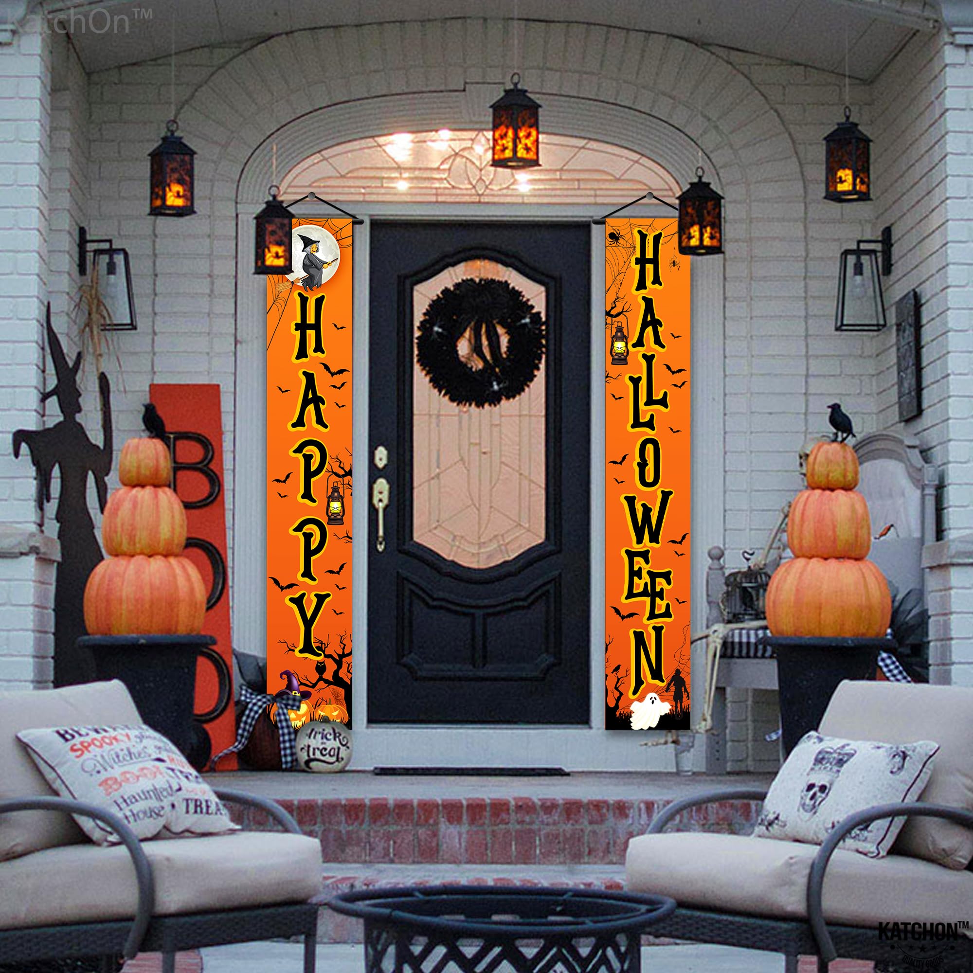 KatchOn Happy Halloween Door Banner - 72x12 Inch Orange & Black Cloth Banner for Outdoor Porch Decor, Water Resistant