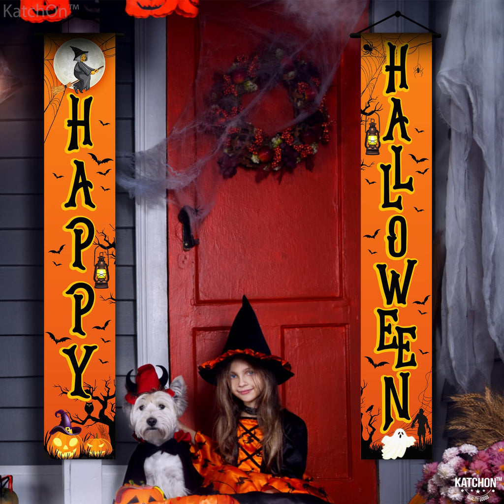 KatchOn Happy Halloween Door Banner - 72x12 Inch Orange & Black Cloth Banner for Outdoor Porch Decor, Water Resistant