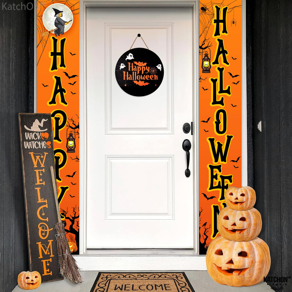 KatchOn Happy Halloween Door Banner - 72x12 Inch Orange & Black Cloth Banner for Outdoor Porch Decor, Water Resistant