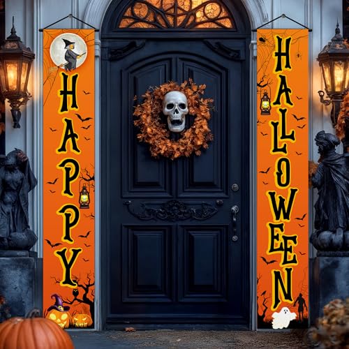 KatchOn Happy Halloween Door Banner - 72x12 Inch Orange & Black Cloth Banner for Outdoor Porch Decor, Water Resistant