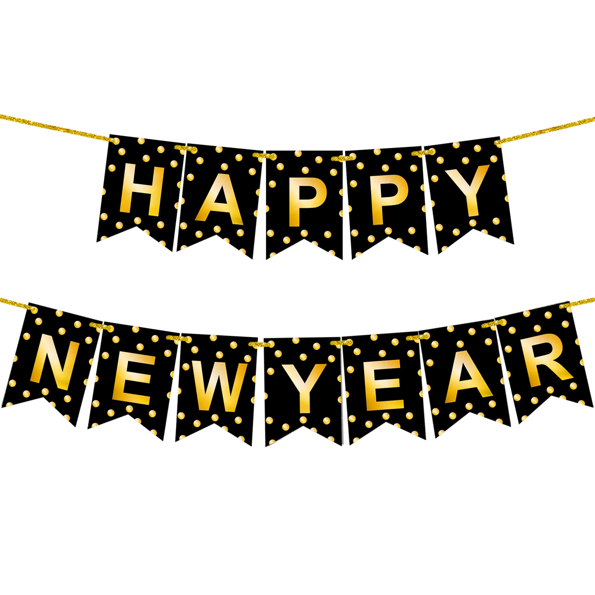 KatchOn Large Happy New Year Banner 2026 – 10ft Pre-Strung Polka Gold Foil Banner for NYE Decorations