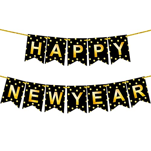 KatchOn Large Happy New Year Banner 2026 – 10ft Pre-Strung Polka Gold Foil Banner for NYE Decorations