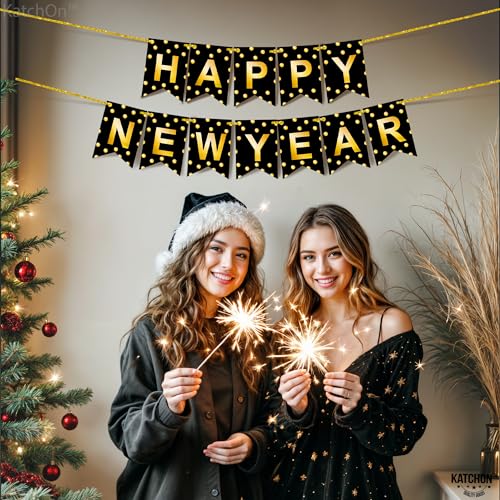 KatchOn Large Happy New Year Banner 2026 – 10ft Pre-Strung Polka Gold Foil Banner for NYE Decorations