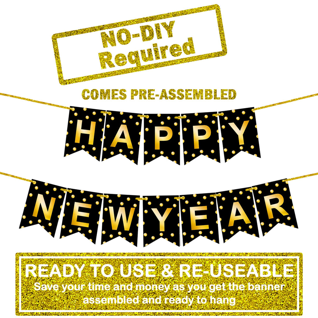 KatchOn Large Happy New Year Banner 2026 – 10ft Pre-Strung Polka Gold Foil Banner for NYE Decorations